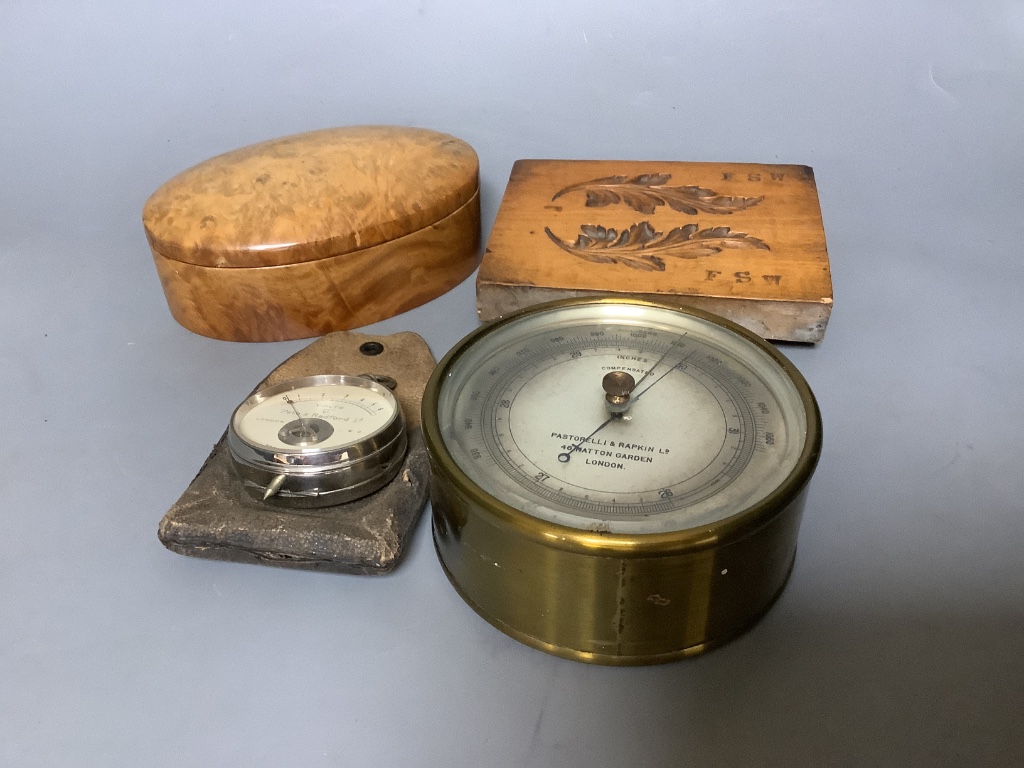 Pastorelli & Rapkin compensated barometer, model number 6557, a Peto & Radford voltometer, treen mould and an amboyna box